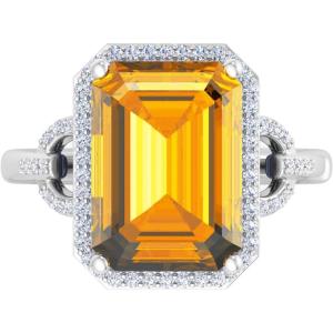 Martha Stewart 7 1/3 Carat Emerald Cut Gemstone Halo Ring with Lab Grown Diamonds in Sterling Silver, Choose Your Gemstone(Citrine)