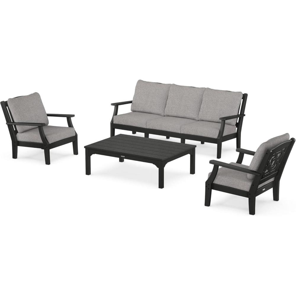 image:imageMartha Stewart by POLYWOOD Chinoiserie 4Piece Deep Seating Set with Sofa in BlackDune BurlapBlack Grey Mist