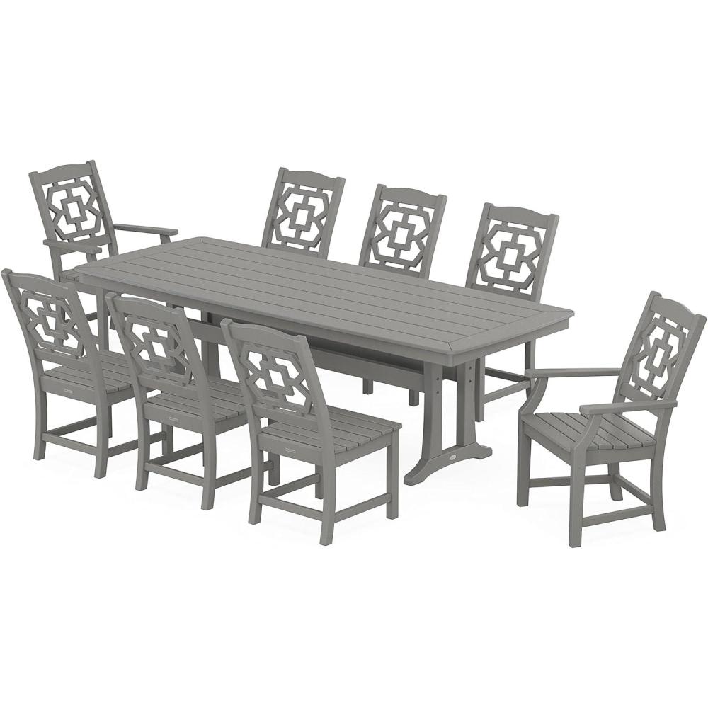 image:imageMartha Stewart by POLYWOOD Chinoiserie 9Piece Dining Set with Trestle Legs in WhiteSlate Grey