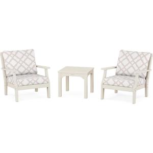 Martha Stewart by POLYWOOD® Acadia 5-Piece Farmhouse Dining Set with Benches in White(Sand / Trellis Dune Burlap)