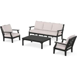 Martha Stewart by POLYWOOD® Chinoiserie 4-Piece Deep Seating Set with Sofa in Black/Dune Burlap(Black / Dune Burlap)