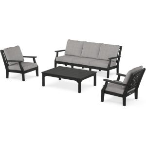 Martha Stewart by POLYWOOD® Chinoiserie 4-Piece Deep Seating Set with Sofa in Black/Dune Burlap(Black / Grey Mist)