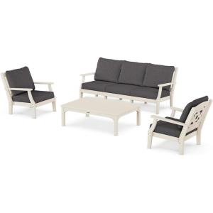 Martha Stewart by POLYWOOD® Chinoiserie 4-Piece Deep Seating Set with Sofa in Black/Dune Burlap(Sand / Ash Charcoal)