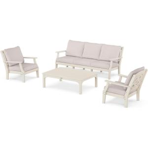 Martha Stewart by POLYWOOD® Chinoiserie 4-Piece Deep Seating Set with Sofa in Black/Dune Burlap(Sand / Dune Burlap)