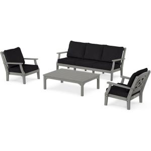 Martha Stewart by POLYWOOD® Chinoiserie 4-Piece Deep Seating Set with Sofa in Black/Dune Burlap(Slate Grey / Midnight Linen)