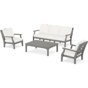 Martha Stewart by POLYWOOD® Chinoiserie 4-Piece Deep Seating Set with Sofa in Black/Dune Burlap(Slate Grey / Natural Linen)
