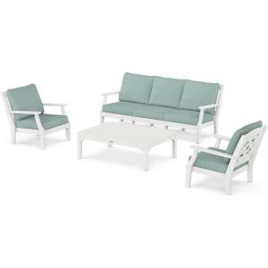 Martha Stewart by POLYWOOD® Chinoiserie 4-Piece Deep Seating Set with Sofa in Black/Dune Burlap(White / Glacier Spa)