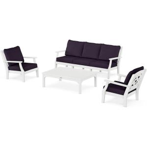 Martha Stewart by POLYWOOD® Chinoiserie 4-Piece Deep Seating Set with Sofa in Black/Dune Burlap(White / Navy Linen)
