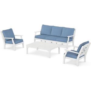 Martha Stewart by POLYWOOD® Chinoiserie 4-Piece Deep Seating Set with Sofa in Black/Dune Burlap(White / Sky Blue)