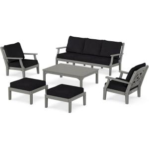 Martha Stewart by POLYWOOD® Chinoiserie 6-Piece Lounge Sofa Set in Mahogany/Spiced Burlap(Slate Grey / Midnight Linen)