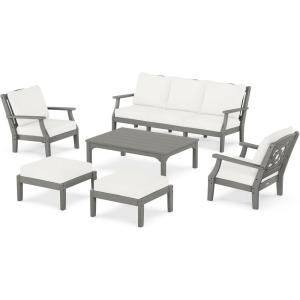 Martha Stewart by POLYWOOD® Chinoiserie 6-Piece Lounge Sofa Set in Mahogany/Spiced Burlap(Slate Grey / Natural Linen)