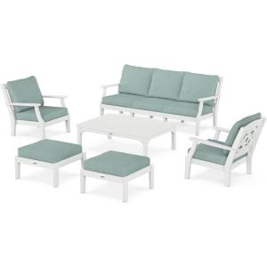 Martha Stewart by POLYWOOD® Chinoiserie 6-Piece Lounge Sofa Set in Mahogany/Spiced Burlap(White / Glacier Spa)