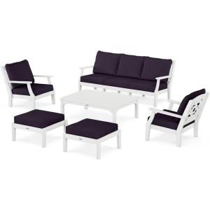 Martha Stewart by POLYWOOD® Chinoiserie 6-Piece Lounge Sofa Set in Mahogany/Spiced Burlap(White / Navy Linen)