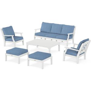 Martha Stewart by POLYWOOD® Chinoiserie 6-Piece Lounge Sofa Set in Mahogany/Spiced Burlap(White / Sky Blue)