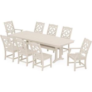 Martha Stewart by POLYWOOD® Chinoiserie 9-Piece Dining Set with Trestle Legs in White(Sand)