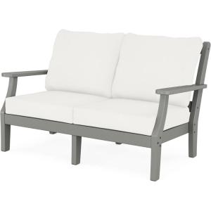 Martha Stewart by POLYWOOD® Chinoiserie Deep Seating Loveseat in White/Sky Blue(Slate Grey / Natural Linen)