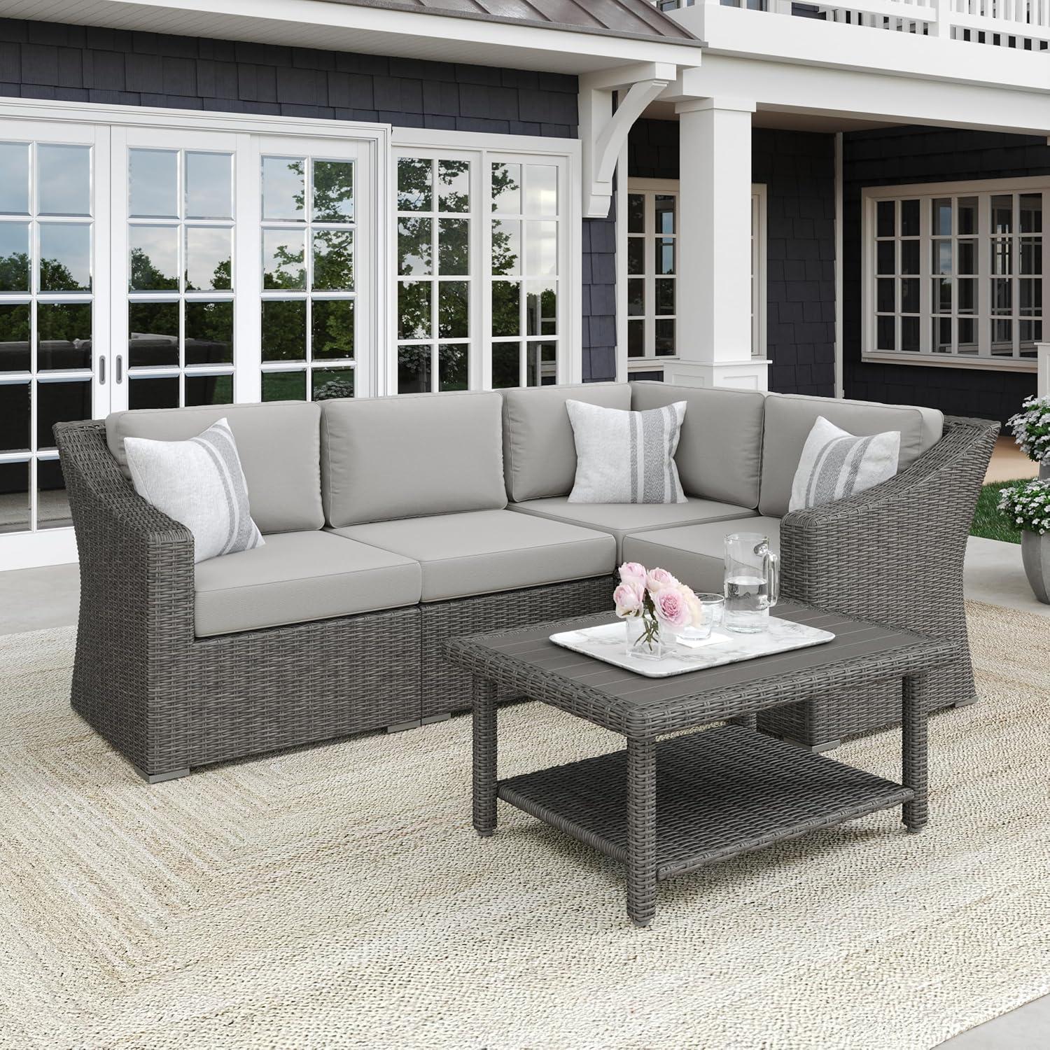 image:imageMartha Stewart Bedford IndoorOutdoor Modular Patio Sectional Sofa for 4 with Rattan Wicker Finish in Brown with Tan AllWeather CushionsGray CushionsGray Frame