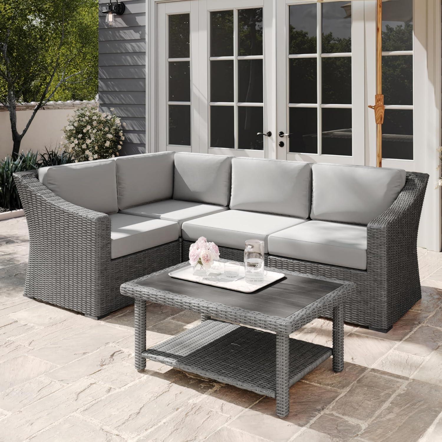 image:imageMartha Stewart Bedford IndoorOutdoor Modular Patio Sectional Sofa for 4 with Rattan Wicker Finish in Brown with Tan AllWeather CushionsGray CushionsGray Frame