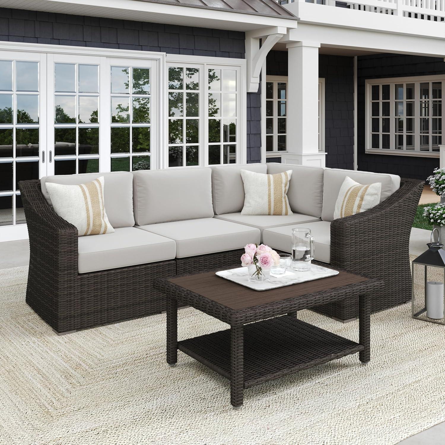 image:imageMartha Stewart Bedford IndoorOutdoor Modular Patio Sectional Sofa for 4 with Rattan Wicker Finish in Brown with Tan AllWeather CushionsTan CushionsBrown Frame