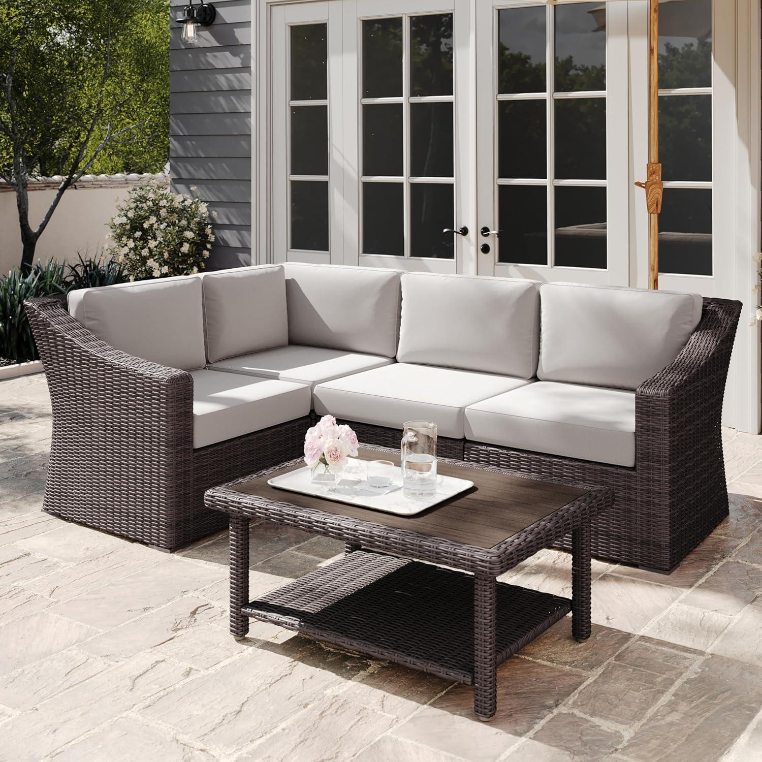 image:imageMartha Stewart Bedford IndoorOutdoor Modular Patio Sectional Sofa for 4 with Rattan Wicker Finish in Brown with Tan AllWeather CushionsTan CushionsBrown Frame