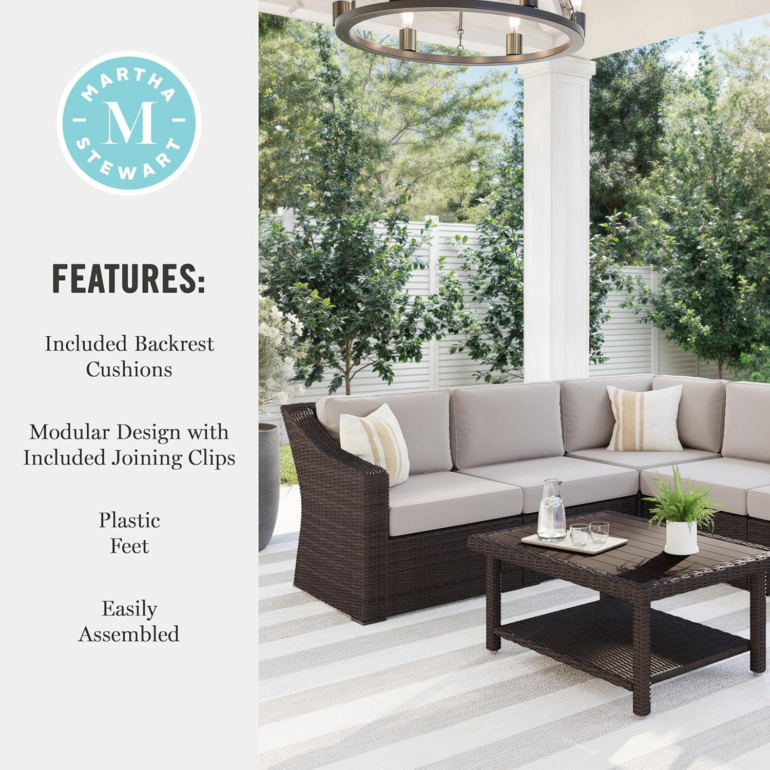 image:imageMartha Stewart Bedford IndoorOutdoor Modular Patio Sectional Sofa for 5 with Rattan Wicker Finish in Brown with Tan AllWeather CushionsTan CushionsBrown Frame