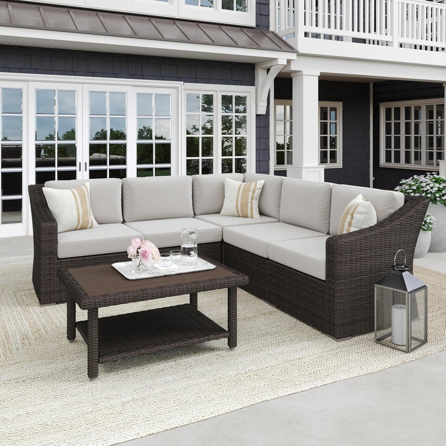 image:imageMartha Stewart Bedford IndoorOutdoor Modular Patio Sectional Sofa for 5 with Rattan Wicker Finish in Brown with Tan AllWeather CushionsTan CushionsBrown Frame