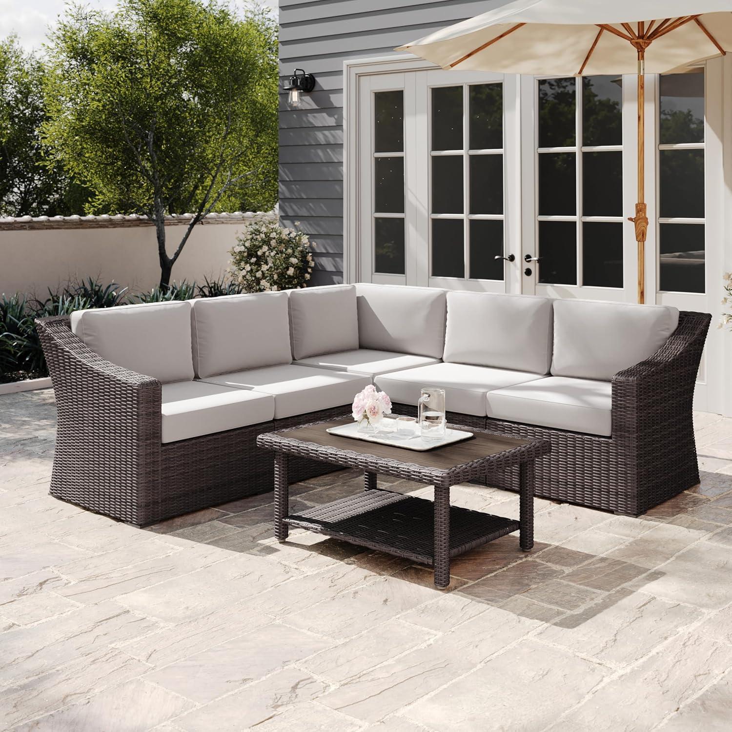 image:imageMartha Stewart Bedford IndoorOutdoor Modular Patio Sectional Sofa for 5 with Rattan Wicker Finish in Brown with Tan AllWeather CushionsTan CushionsBrown Frame