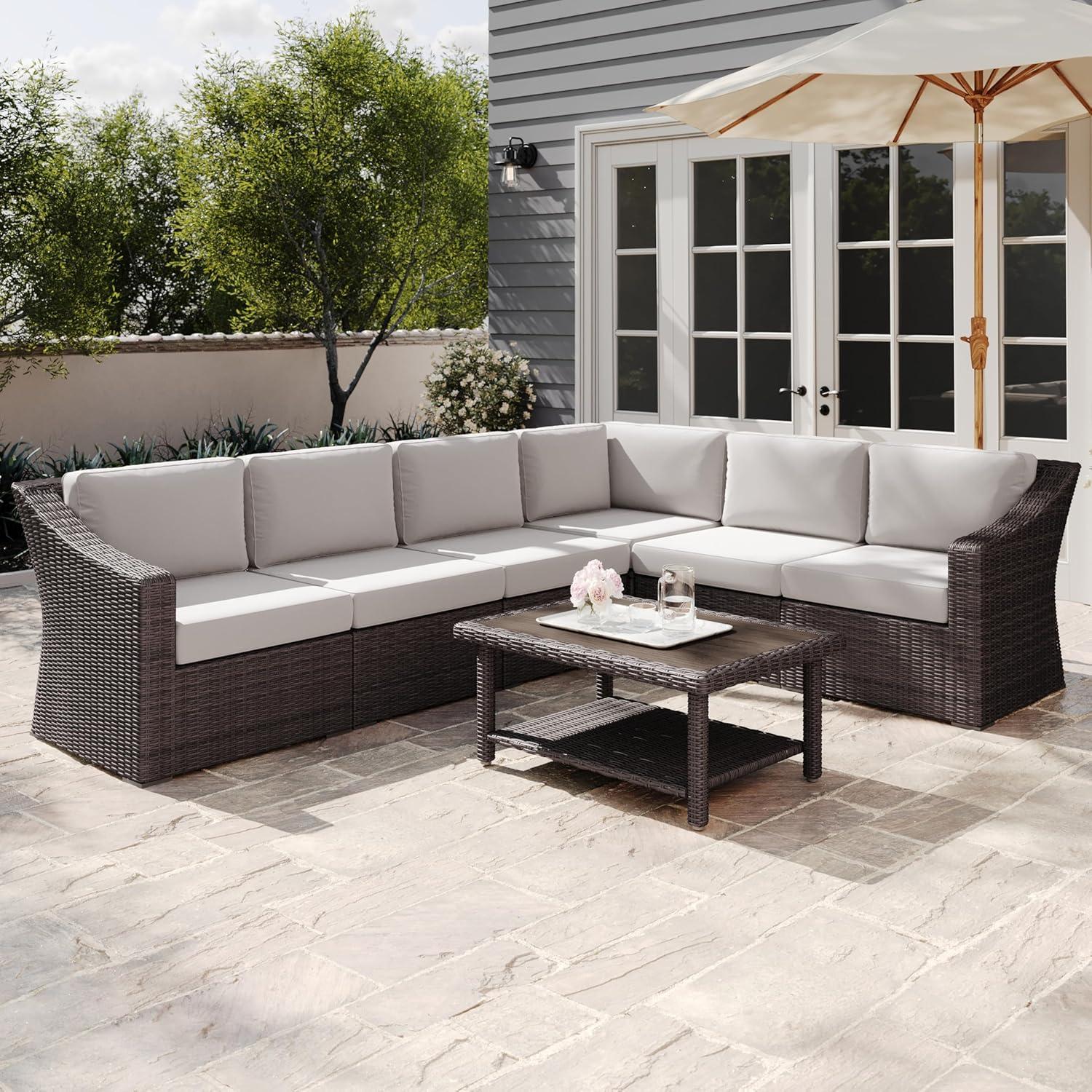 image:imageMartha Stewart Bedford IndoorOutdoor Modular Patio Sectional Sofa for 6 with Rattan Wicker Finish in Brown with Tan AllWeather CushionsTan CushionsBrown Frame