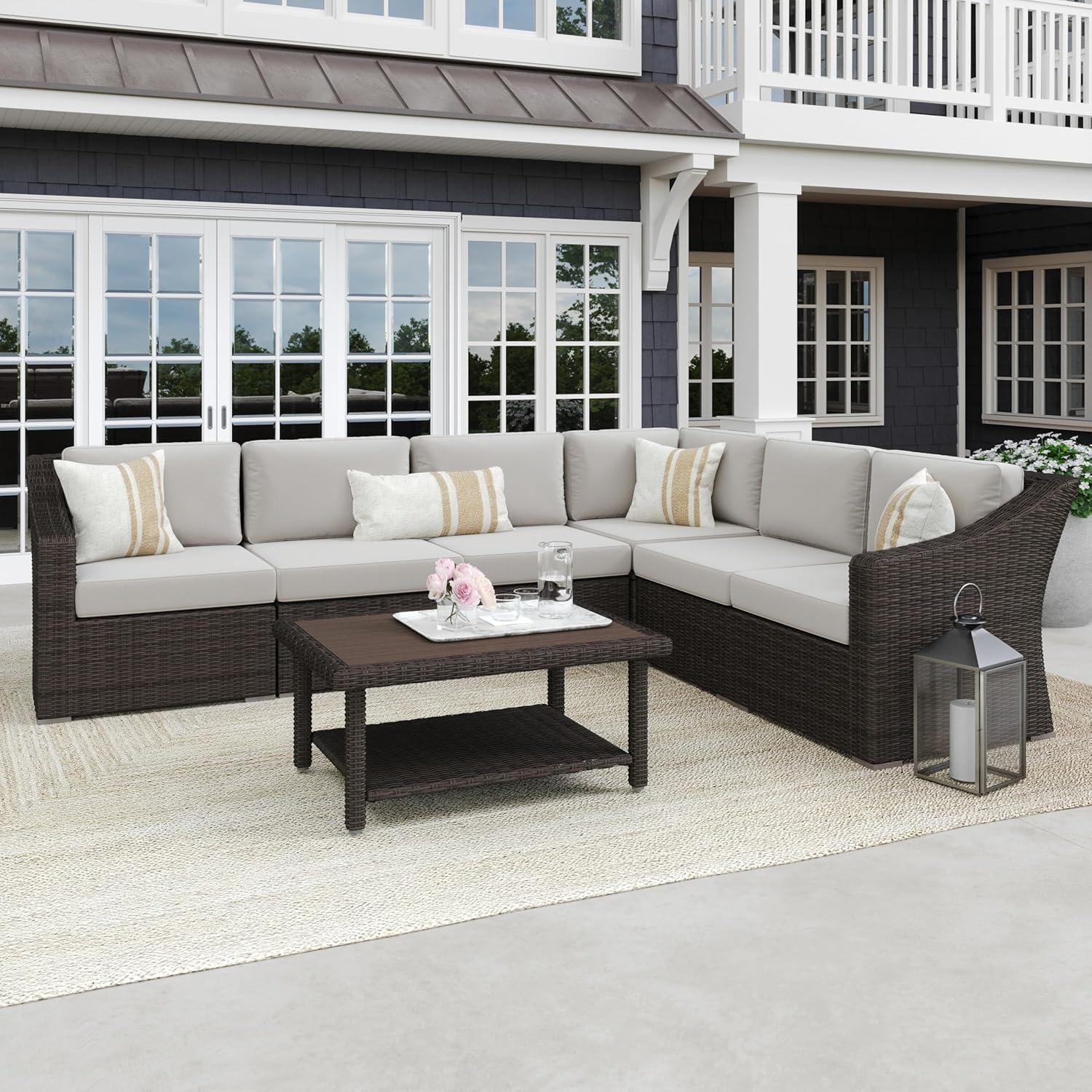image:imageMartha Stewart Bedford IndoorOutdoor Modular Patio Sectional Sofa for 6 with Rattan Wicker Finish in Brown with Tan AllWeather CushionsTan CushionsBrown Frame