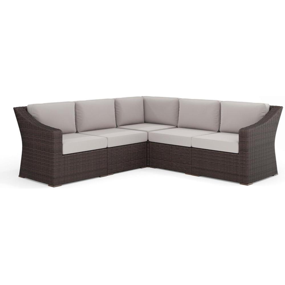 image:imageMartha Stewart Bedford IndoorOutdoor Modular Patio Sectional Sofa for 5 with Rattan Wicker Finish in Brown with Tan AllWeather CushionsTan CushionsBrown Frame