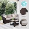 Martha Stewart Bedford Indoor-Outdoor Modular Patio Sectional Sofa for 5 with Rattan Wicker Finish in Brown with Tan All-Weather Cushions(Tan Cushions/Brown Frame)