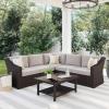 Martha Stewart Bedford Indoor-Outdoor Modular Patio Sectional Sofa for 5 with Rattan Wicker Finish in Brown with Tan All-Weather Cushions(Tan Cushions/Brown Frame)