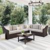 Martha Stewart Bedford Indoor-Outdoor Modular Patio Sectional Sofa for 6 with Rattan Wicker Finish in Brown with Tan All-Weather Cushions(Tan Cushions/Brown Frame)