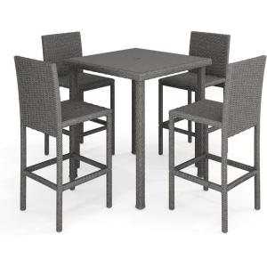 Martha Stewart Bedford 5-Piece Indoor-Outdoor Bar Height Set with 4 Patio Bar Stools and Bar Height Table with Faux Wood Top and Rattan Wicker Finish in Gray(Grey)