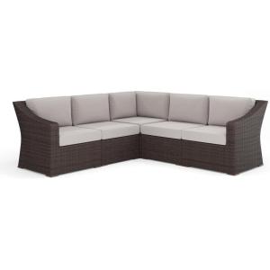 Martha Stewart Bedford Indoor-Outdoor Modular Patio Sectional Sofa for 5 with Rattan Wicker Finish in Brown with Tan All-Weather Cushions(Tan Cushions/Brown Frame)
