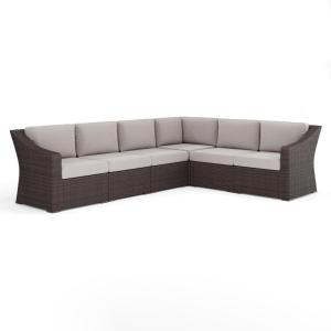 Martha Stewart Bedford Indoor-Outdoor Modular Patio Sectional Sofa for 6 with Rattan Wicker Finish in Brown with Tan All-Weather Cushions(Tan Cushions/Brown Frame)