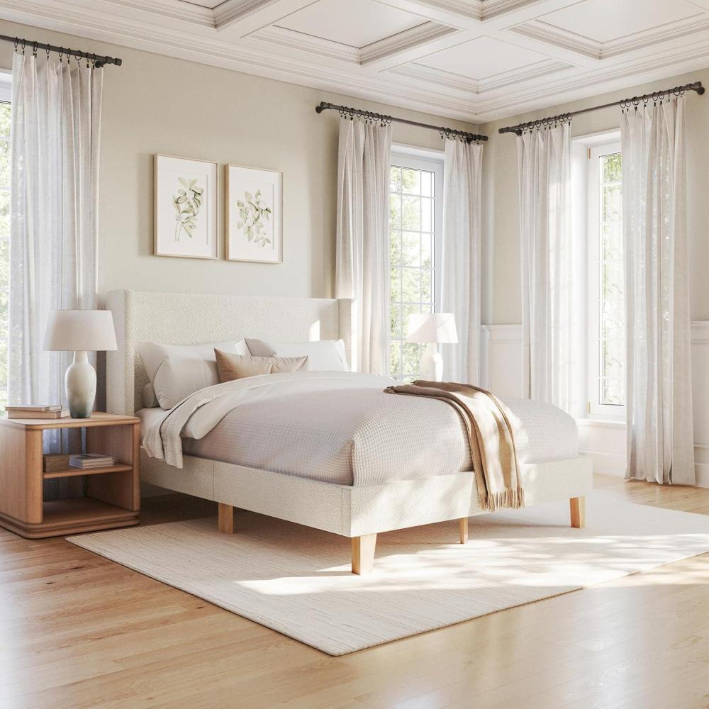 image:imageMartha Stewart Maisie Platform Bed with Wingback Headboard and Cushioned Side Rails Faux Linen Upholstery Wood Slat Foundation No Box Spring Needed Queen BeigeOffwhite