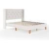 Martha Stewart Carmy Platform Bed with Tufted Headboard, Cushioned Side Rails, Faux Linen Upholstery, Wood Slat Foundation, No Box Spring Needed, Queen, White(Queen)