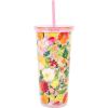 Martha Stewart Double Wall Tumbler with Lid and Reusable Straw, Floral Plastic Cup, Insulated Travel Cup Holds 24 Ounces (Joyful Blooms)(Joyful Blooms)