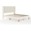 Martha Stewart Maisie Platform Bed with Wingback Headboard and Cushioned Side Rails, Faux Linen Upholstery, Wood Slat Foundation, No Box Spring Needed, Queen, Beige(Off-white)