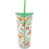 Martha Stewart Double Wall Tumbler with Lid and Reusable Straw, Floral Plastic Cup, Insulated Travel Cup Holds 24 Ounces (Joyful Blooms)(Floral Cloud Dancer)