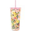 Martha Stewart Double Wall Tumbler with Lid and Reusable Straw, Floral Plastic Cup, Insulated Travel Cup Holds 24 Ounces (Joyful Blooms)(Joyful Blooms)