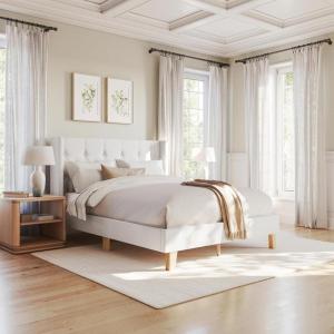 Martha Stewart Carmy Platform Bed with Tufted Headboard, Cushioned Side Rails, Faux Linen Upholstery, Wood Slat Foundation, No Box Spring Needed, Queen, White(Queen)