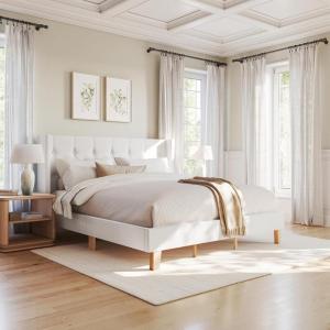 Martha Stewart Carmy Platform Bed with Tufted Headboard, Cushioned Side Rails, Faux Linen Upholstery, Wood Slat Foundation, No Box Spring Needed, Queen, White(King)