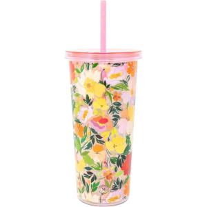 Martha Stewart Double Wall Tumbler with Lid and Reusable Straw, Floral Plastic Cup, Insulated Travel Cup Holds 24 Ounces (Joyful Blooms)(Joyful Blooms)