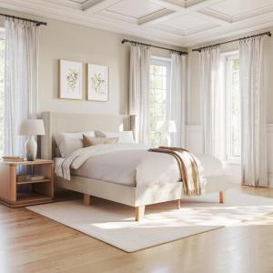 Martha Stewart Maisie Platform Bed with Wingback Headboard and Cushioned Side Rails, Faux Linen Upholstery, Wood Slat Foundation, No Box Spring Needed, Queen, Beige(Beige)