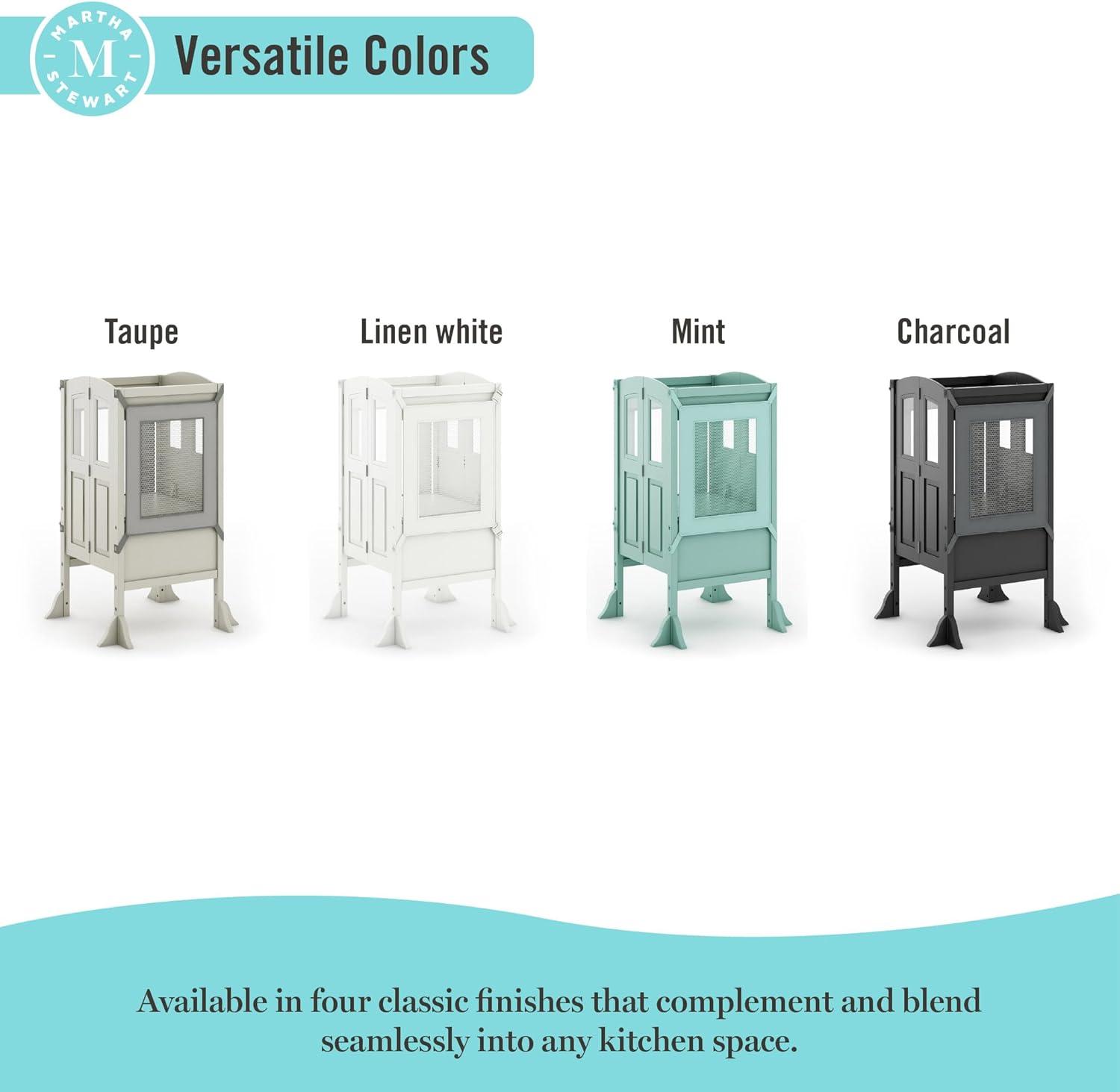 image:imageMartha Stewart Kitchen Helper Toddler Tower Mint Premium Kids Wood Foldable Kitchen Platform Adjustable Height Safety Step Stool for Toddlers with NonSlip Mat Mostly AssembledLinen White