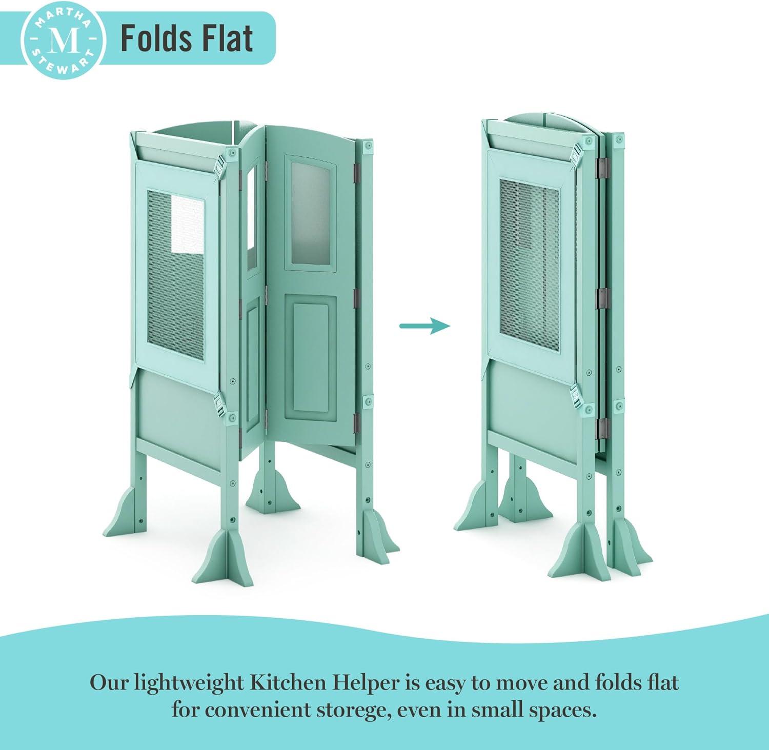 image:imageMartha Stewart Kitchen Helper Toddler Tower Mint Premium Kids Wood Foldable Kitchen Platform Adjustable Height Safety Step Stool for Toddlers with NonSlip Mat Mostly AssembledMint