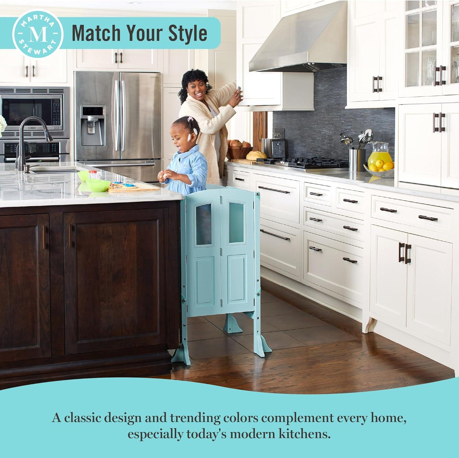 image:imageMartha Stewart Kitchen Helper Toddler Tower Mint Premium Kids Wood Foldable Kitchen Platform Adjustable Height Safety Step Stool for Toddlers with NonSlip Mat Mostly AssembledLinen White
