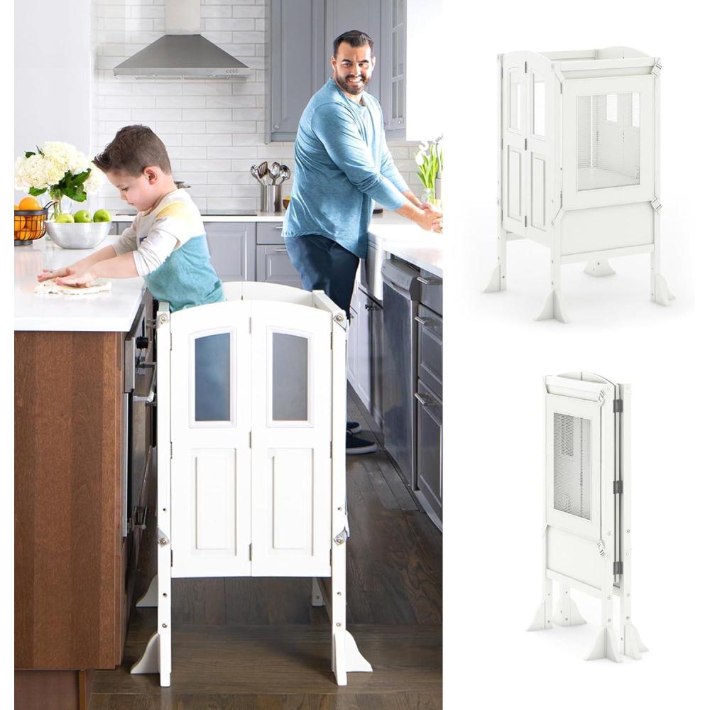 image:imageMartha Stewart Kitchen Helper Toddler Tower Mint Premium Kids Wood Foldable Kitchen Platform Adjustable Height Safety Step Stool for Toddlers with NonSlip Mat Mostly AssembledLinen White